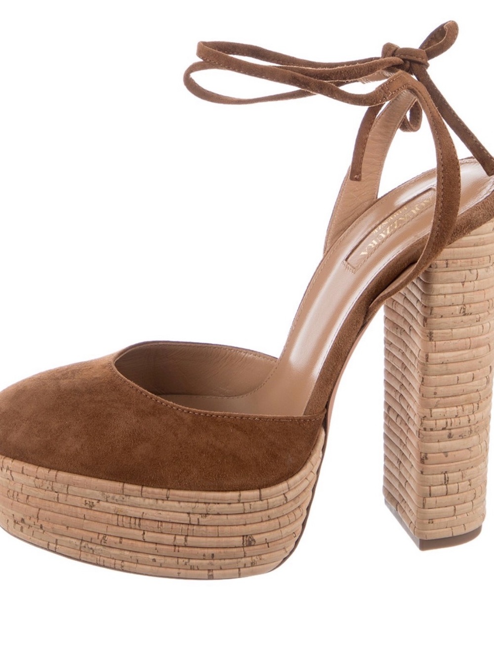 Aquazzura Brown Suede Platform Heel with Cork-Look Block